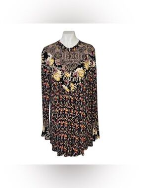 Free People Floral Boho Tunic Top Black Multi Long Sleeve L